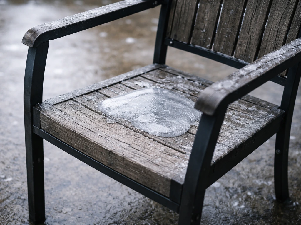 Outdoor patio chair seat with frost and small ice expansion causing visible cracking from freeze-thaw.