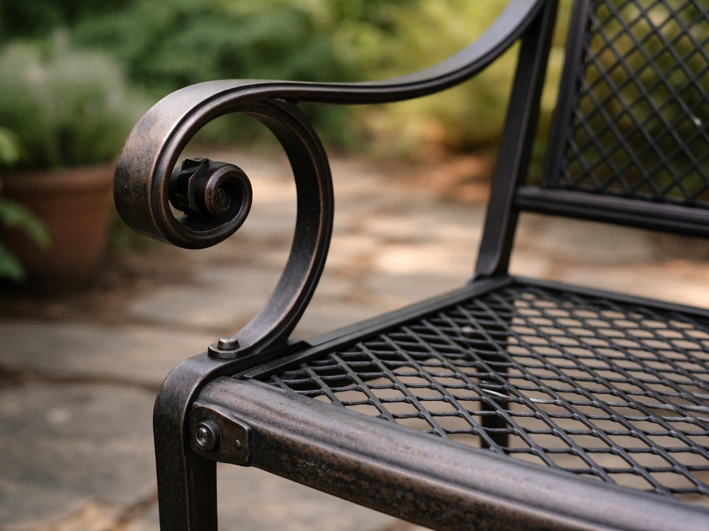 Close-up of wrought-iron patio furniture showing aged patina and rust-resistant hardware details.