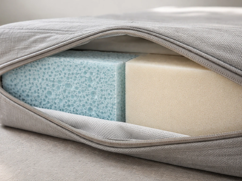 Close-up cross-section of a winter cushion showing quick-dry foam and solution-dyed fabric texture.