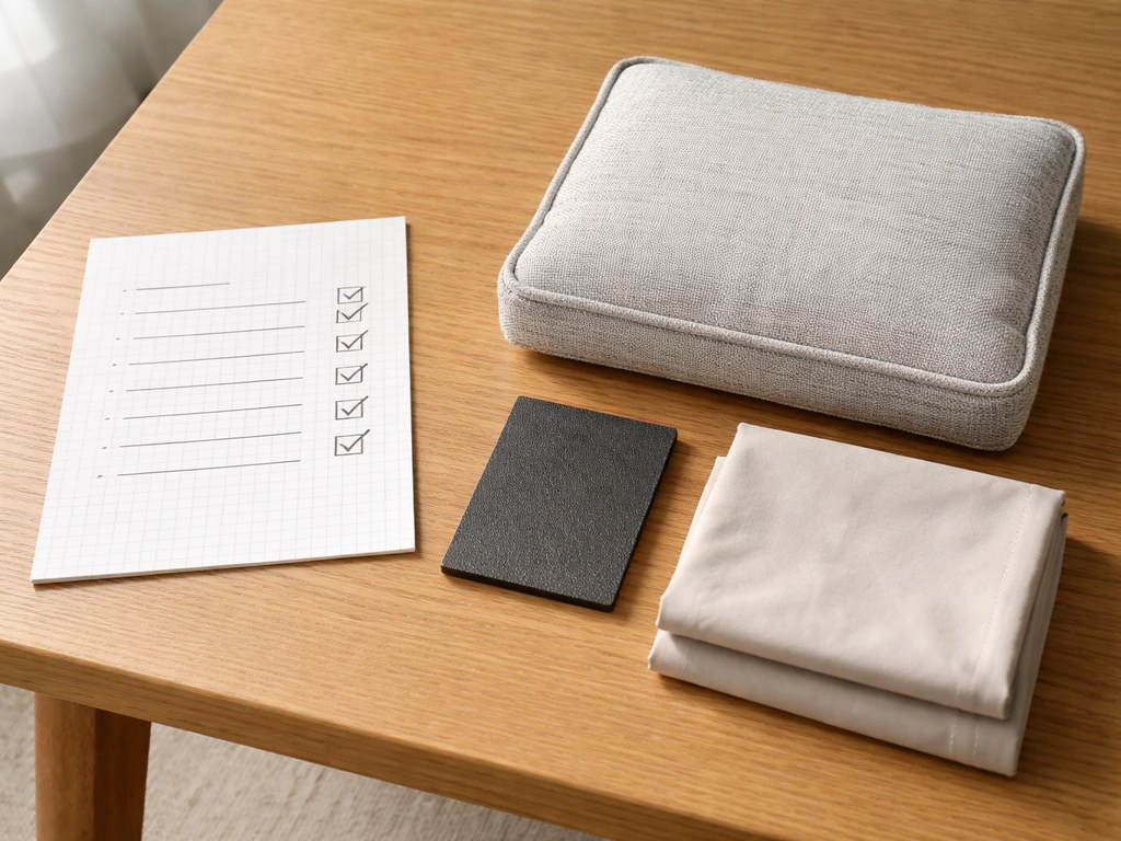 Minimal table scene with a lined checklist sheet and three cold-climate patio furniture items.