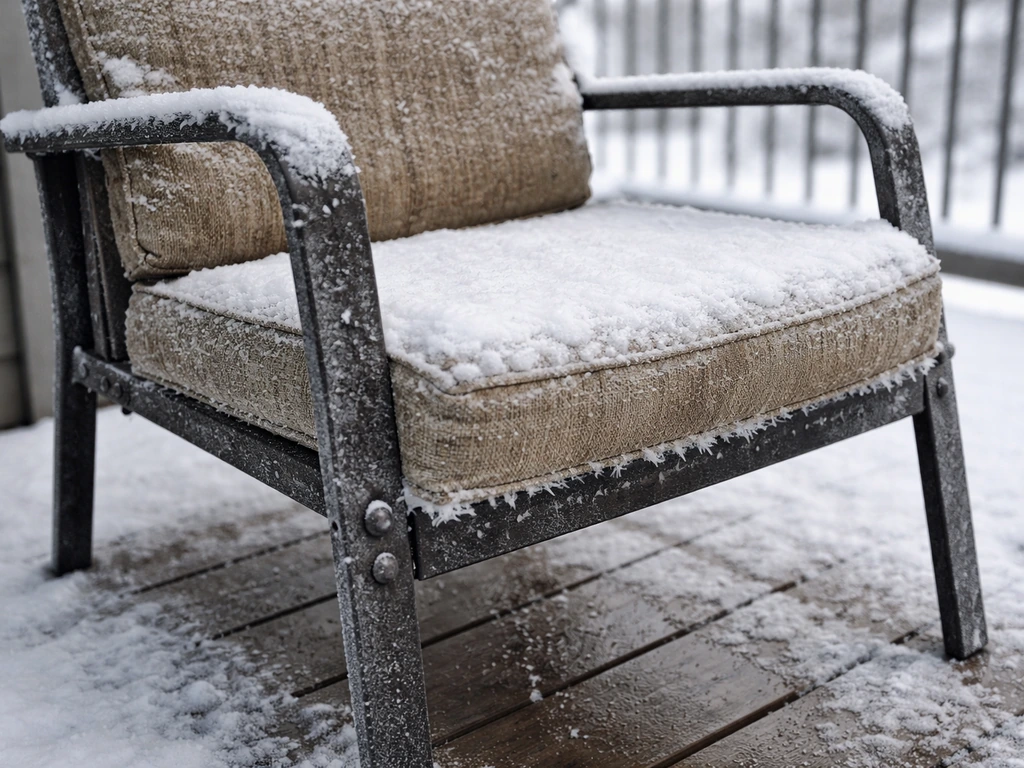 Patio chair with snow and salt-sprayed metal showing winter damage on cushions and hardware