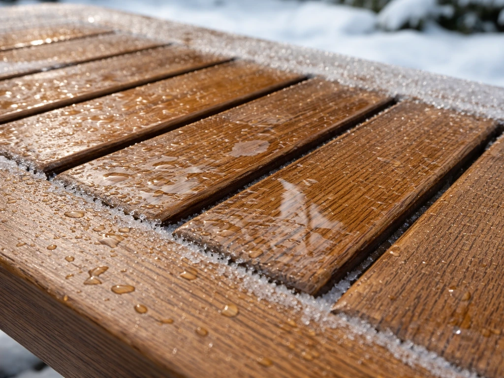 Close-up of teak patio wood slats in winter with wet sheen and thin frost/ice between slats.