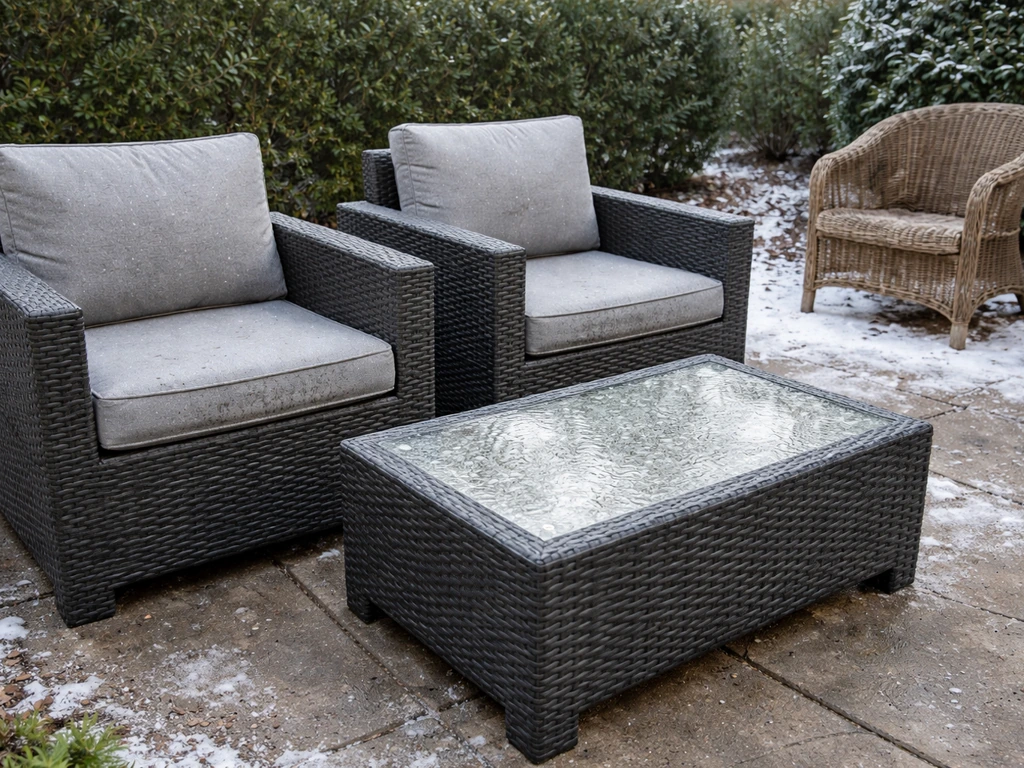 Resin wicker patio set outdoors in winter, contrasted with a natural wicker chair showing moisture damage.