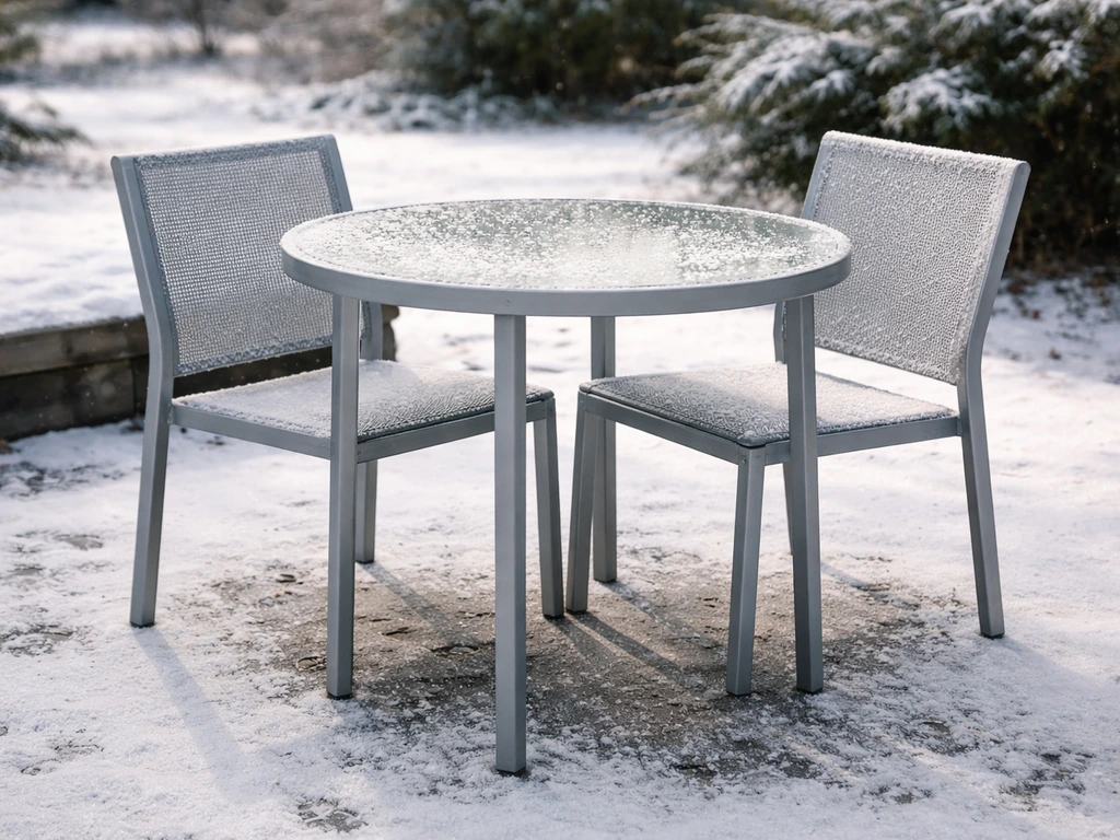 Winter-ready outdoor dining set with powder-coated aluminum frame and tempered glass tabletop in snow