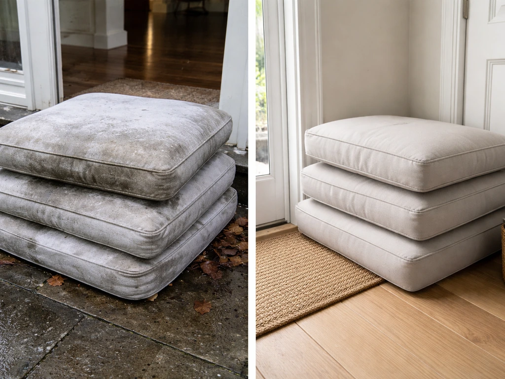Two sets of cushions: one wet with frost and mildew damage left outside, one dry stored indoors.