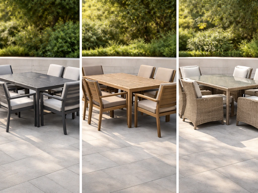 Three patio furniture styles side-by-side made from aluminum, HDPE composite, and resin wicker.