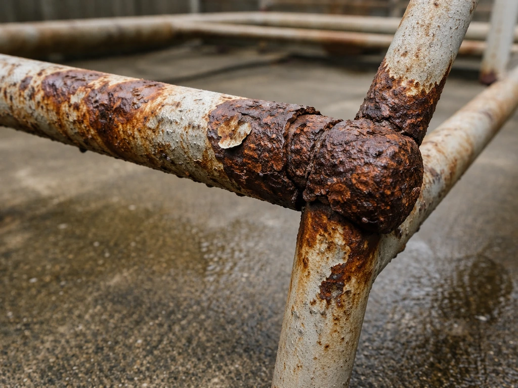 Close-up of rusted old steel patio frame with flaking metal and damp surroundings suggesting mold risk.