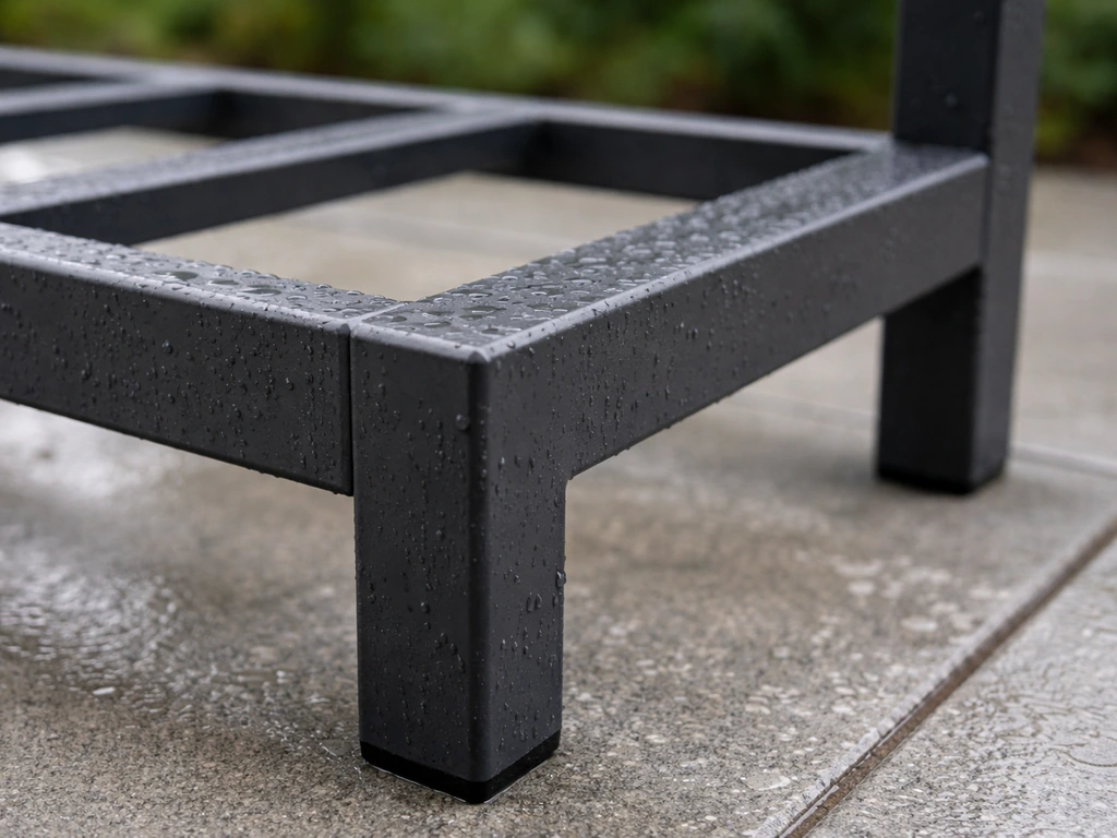 Close-up of powder-coated aluminum patio furniture frame with rain droplets on durable finish