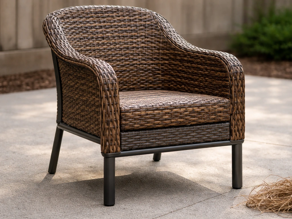 Outdoor resin wicker chair with synthetic weave over a metal frame, contrasted with dry natural rattan on ground.