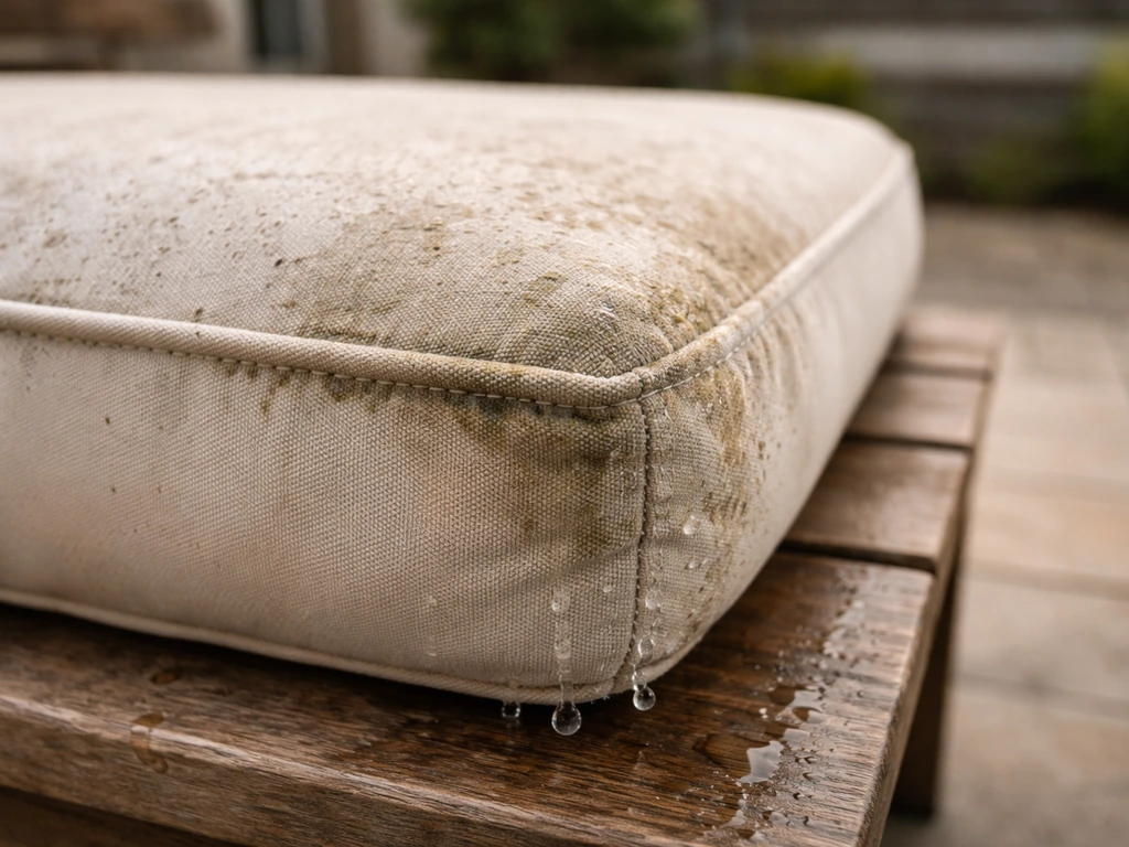 Wet patio cushion corner with slight mildew-like spotting, showing moisture staying trapped in foam