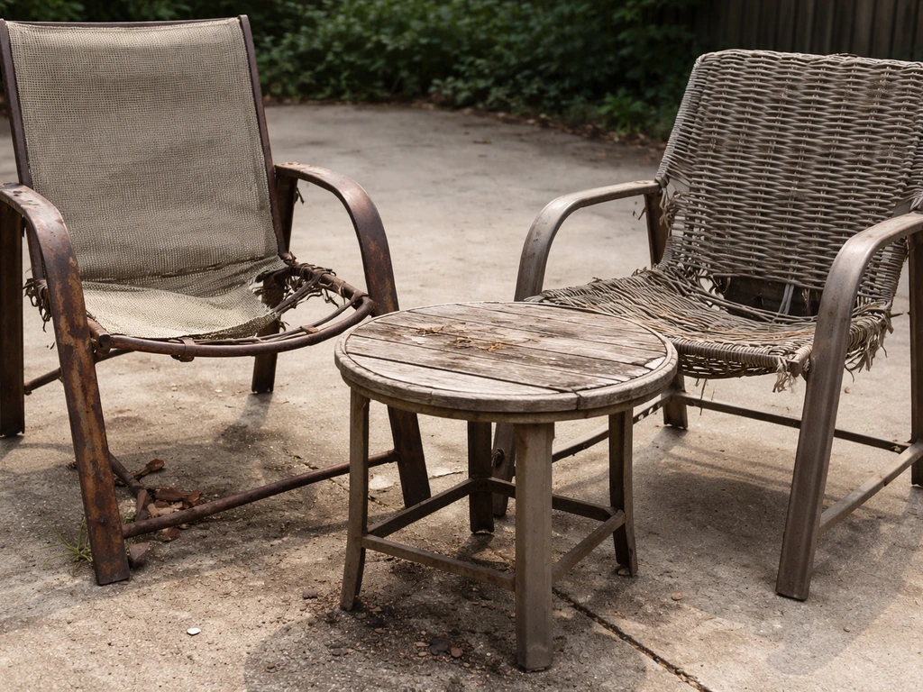 Staged patio furniture with rusted metal, warped wicker, and weather-damaged wood in a minimal outdoor setting.