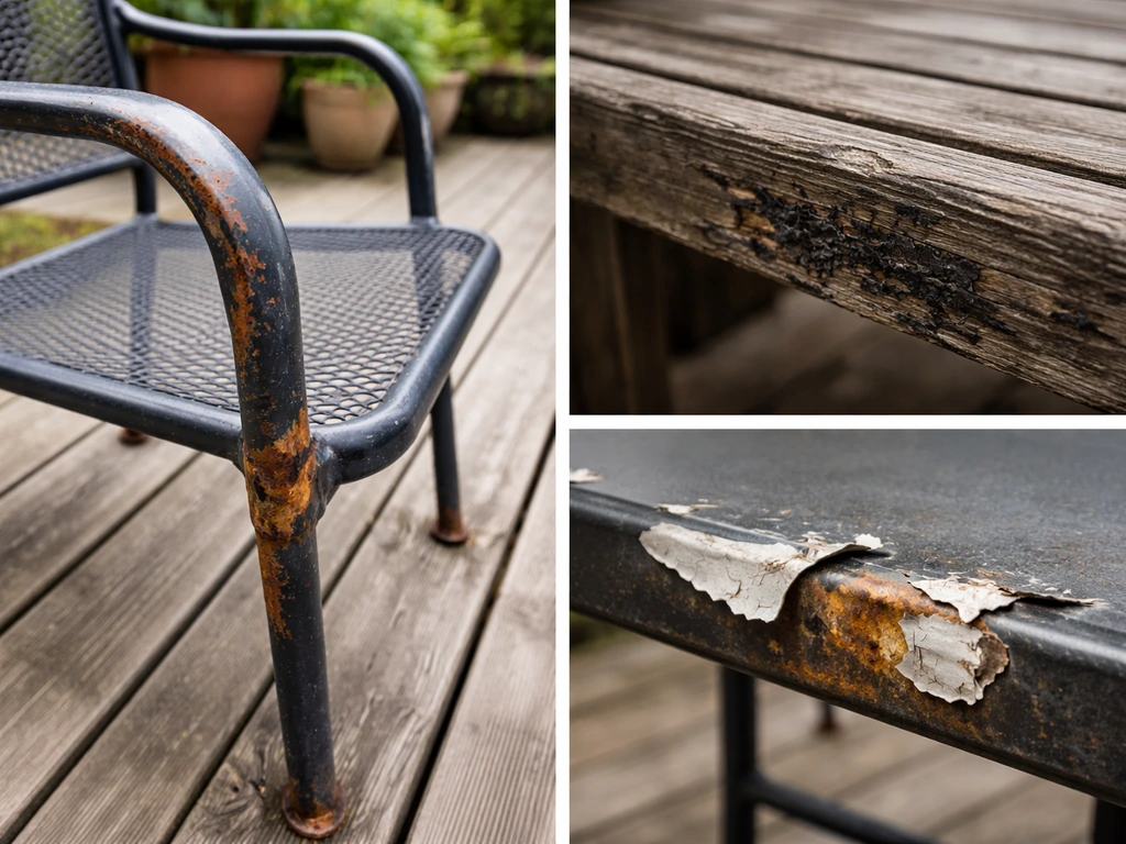 Patio furniture showing rust, peeling coating, and rotting wood on a quiet deck.
