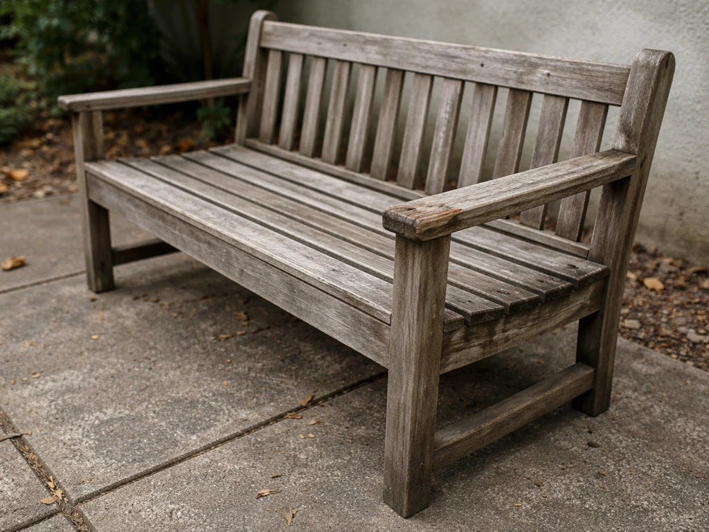 Weathered low-grade softwood patio bench with chipped thin finish and bare wood edge wear.