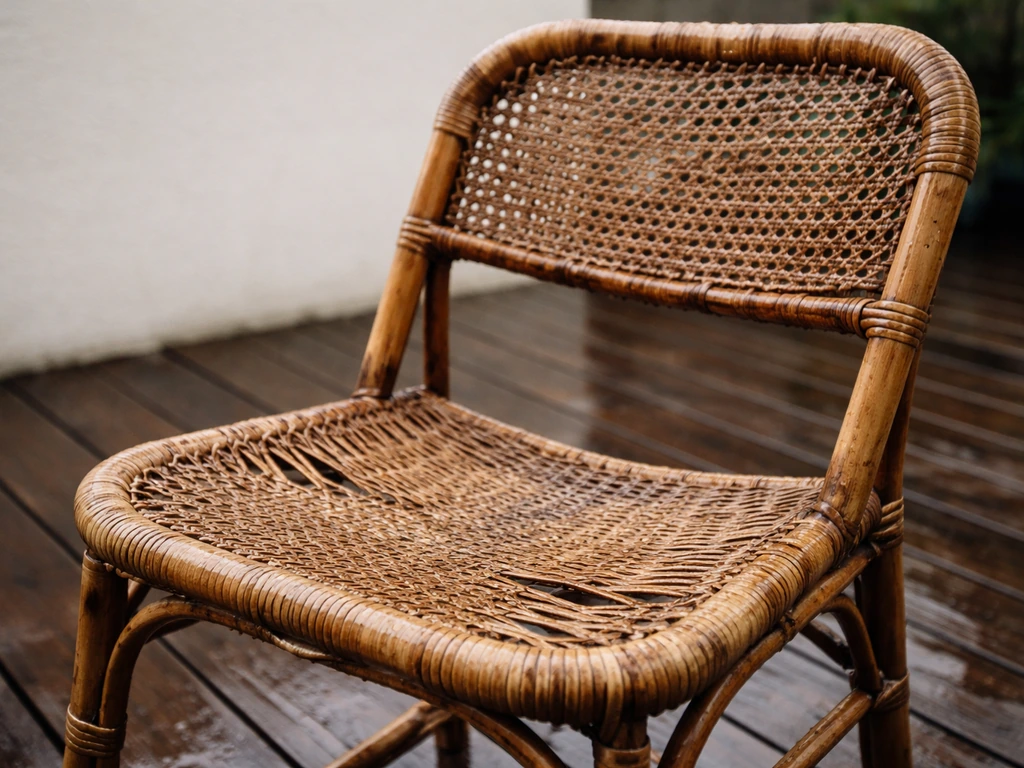 Weather-damaged natural rattan outdoor chair with warped seat and cracking after heavy rain.
