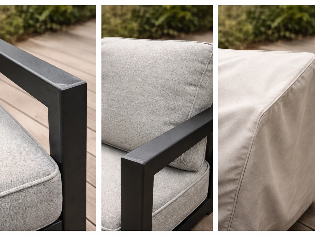 Side-by-side closeups of a powder-coated aluminum frame, solution-dyed cushion, and a breathable chair cover.