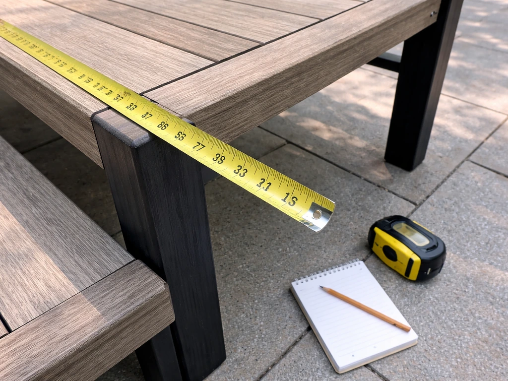 Close-up of a tape measure measuring a patio furniture piece for cover sizing.