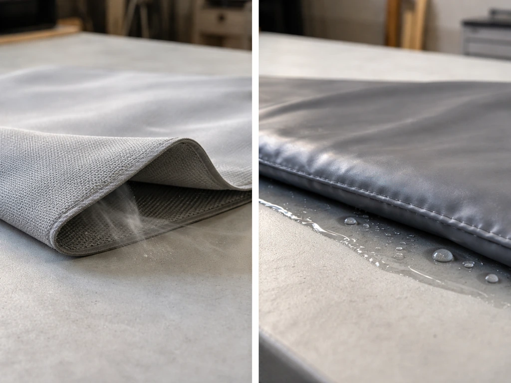 Two close-up cover materials: breathable solution-dyed fabric with airflow, and waterproof vinyl with trapped condensati