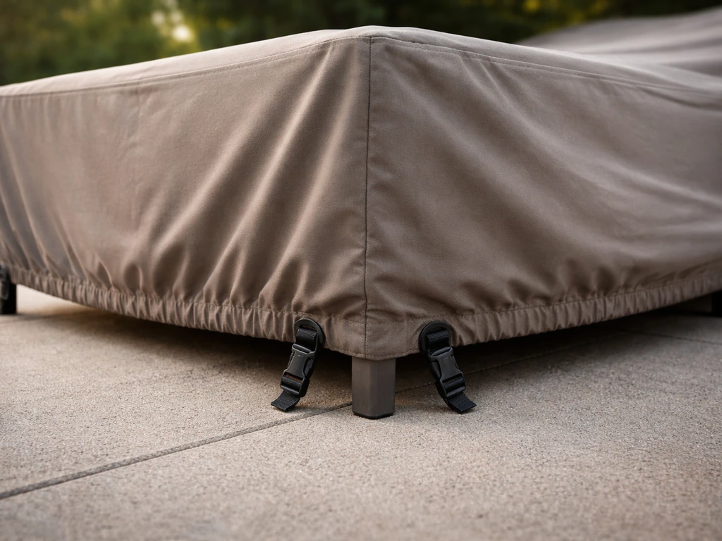 Close-up of a furniture cover’s elastic hem gripping legs with tensioned strap points against wind