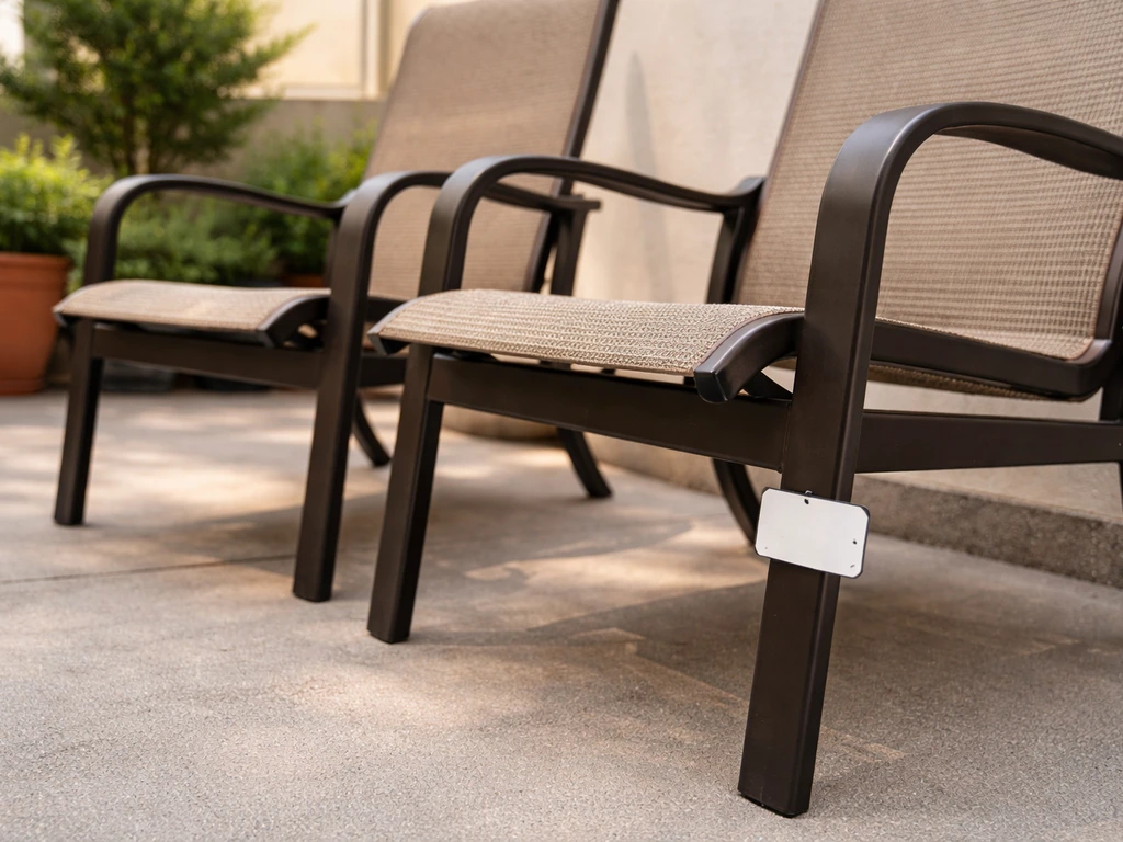Patio chairs on an outdoor patio with a close-up showing a weight-limit label for safe seating.