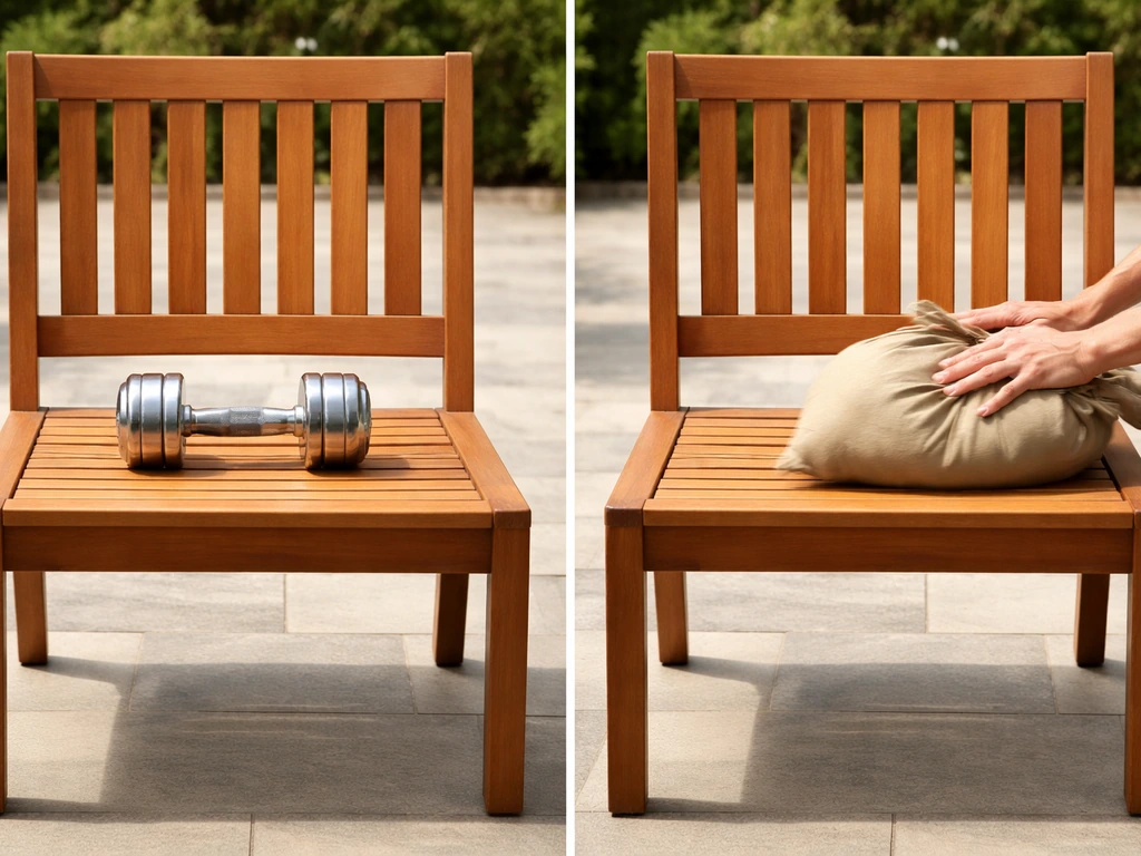 Patio chair split view: one side shows weight held still, the other shows repeated rocking/impulse loading.