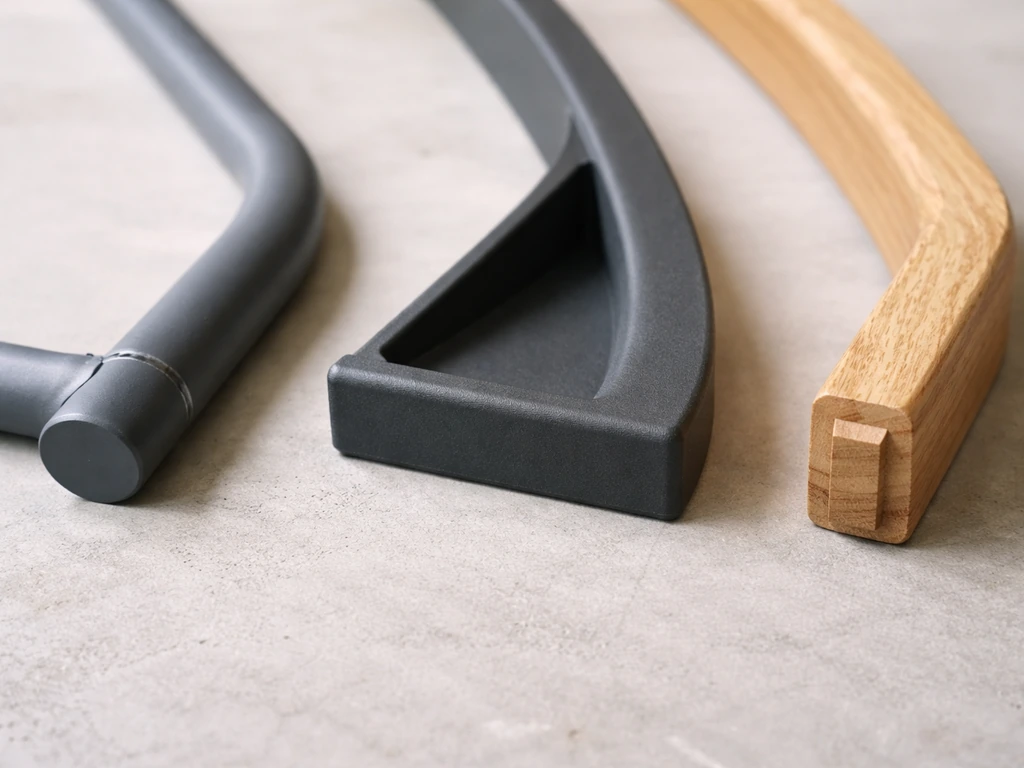 Three isolated chair material samples showing powder-coated metal, plastic/composite, and wood construction details.