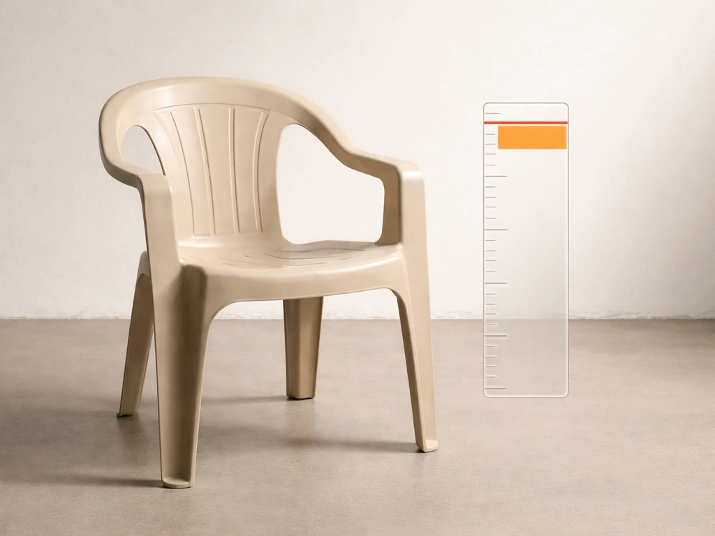 Empty chair with a floating ruler/scale showing a shaded near-limit caution zone close to the capacity line