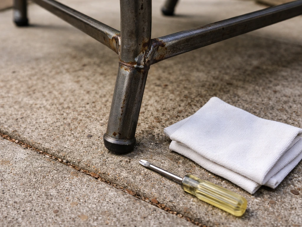 Close-up of an outdoor patio chair frame with tools set down for a quick weld and rust inspection