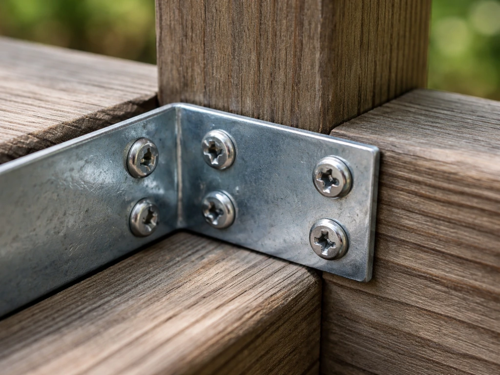 Corrosion-resistant stainless screws and metal bracket securing wooden outdoor furniture in natural light.