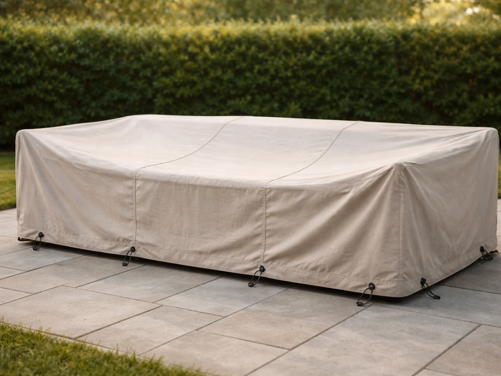 Patio furniture set covered with a neatly fitted breathable cover secured with grommets and tie-downs.