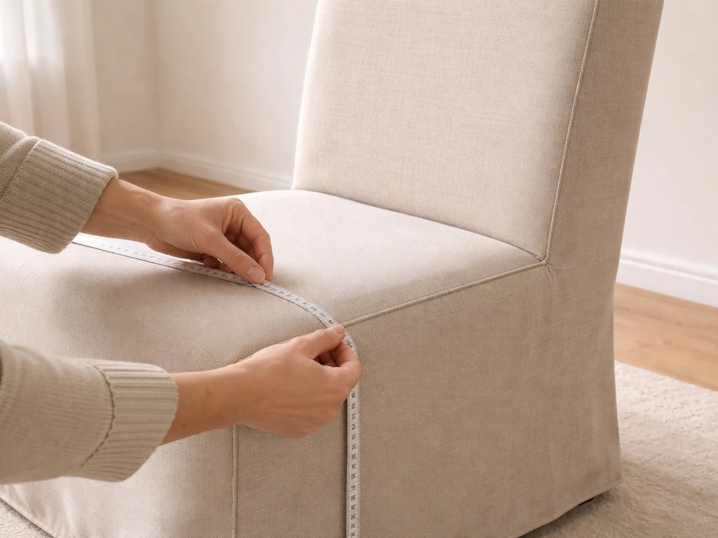 Person measuring a fitted chair cover on an upholstered chair with a soft measuring tape.