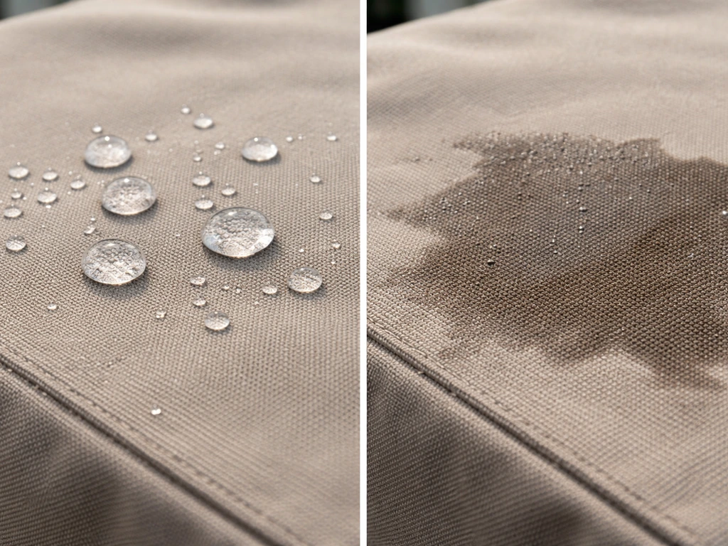 Close-up comparison of fabric: water beads and rolls off on one side, while the other side soaks through.