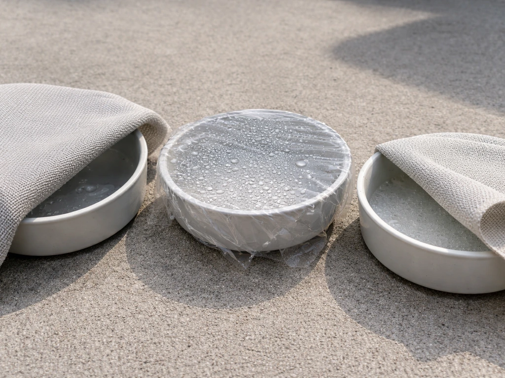 Outdoor furniture cover material comparison showing condensation on sealed plastic wrap and drying on breathable fabric.