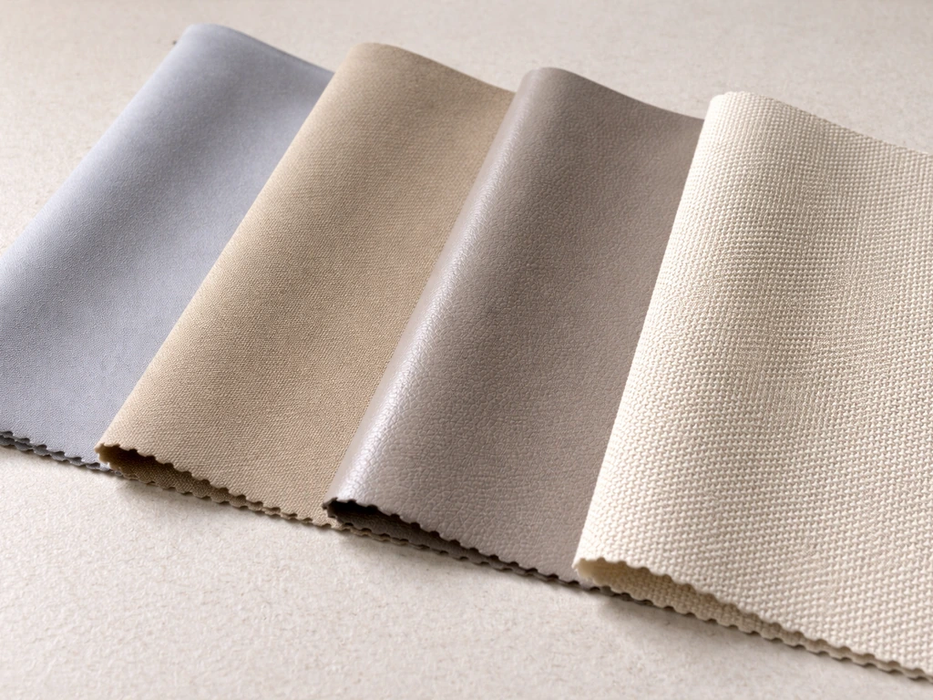 Four fabric swatches side-by-side showing polyester, acrylic, vinyl, and canvas textures and sheen.