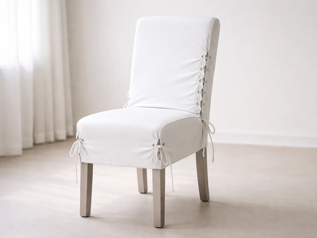 Chair cover pulled over a dry chair with evenly fastened tie-down straps and drawcords.