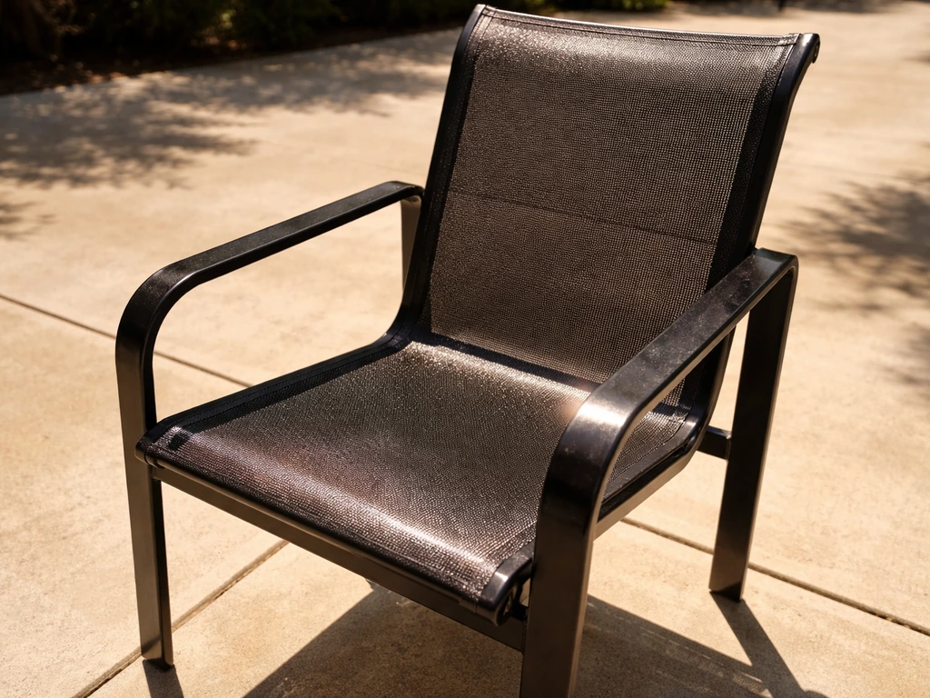 Black patio chair in intense sun with sun-baked texture and harsh glare suggesting it gets hot