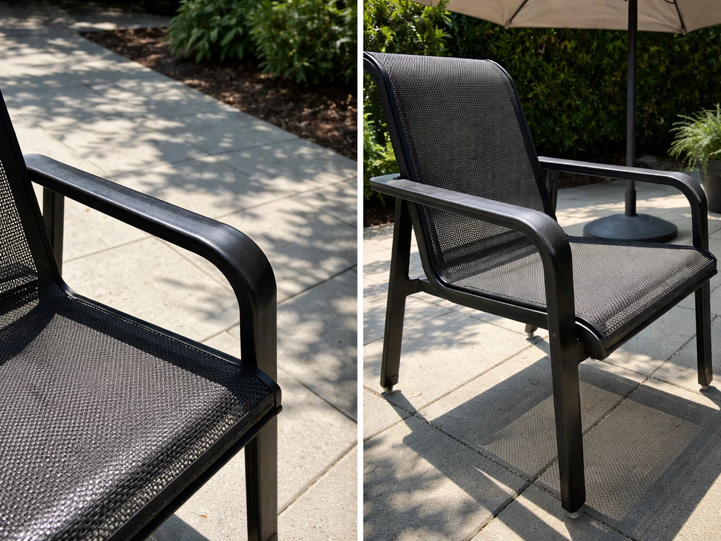 Sunlit black metal patio chair shows hotter surface than the shaded area beside it.