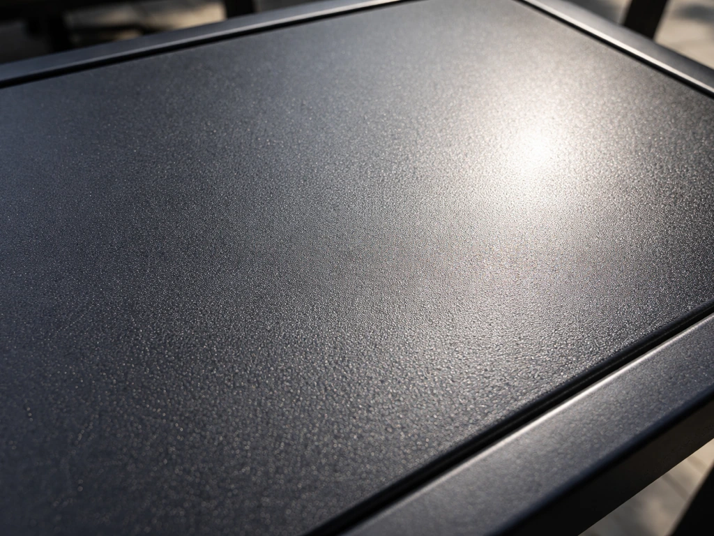 Close-up of a black aluminum/steel patio surface with bright sun glint and smooth finish in direct light.