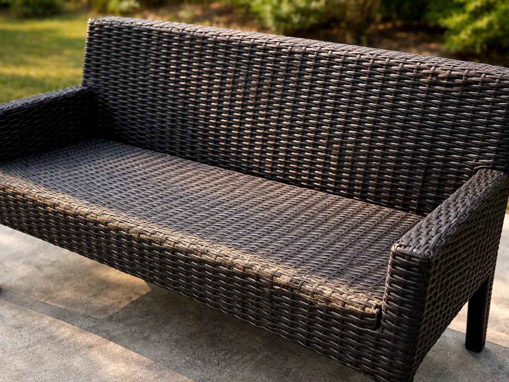 Black resin wicker bench outdoors showing sun-faded, frayed weave in a small sunny patio