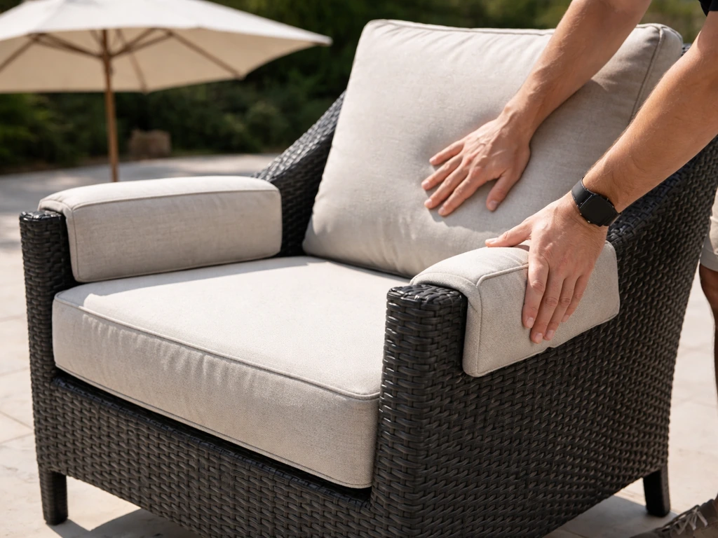 Hands placing UV-stable seat and back cushions on a black chair with shade nearby in bright sun.