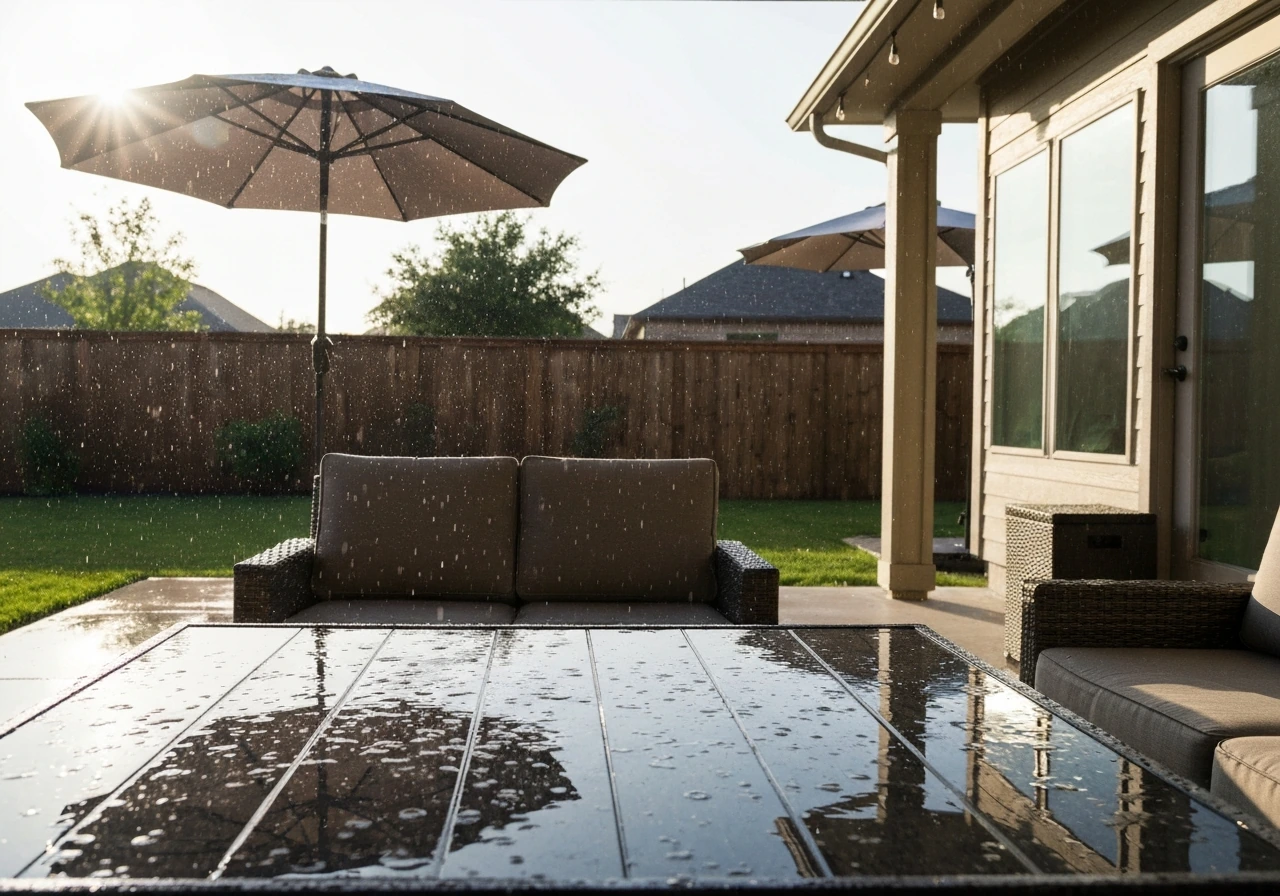 Covered Houston patio with weather-resistant furniture, water beads on surfaces after a sudden rain.