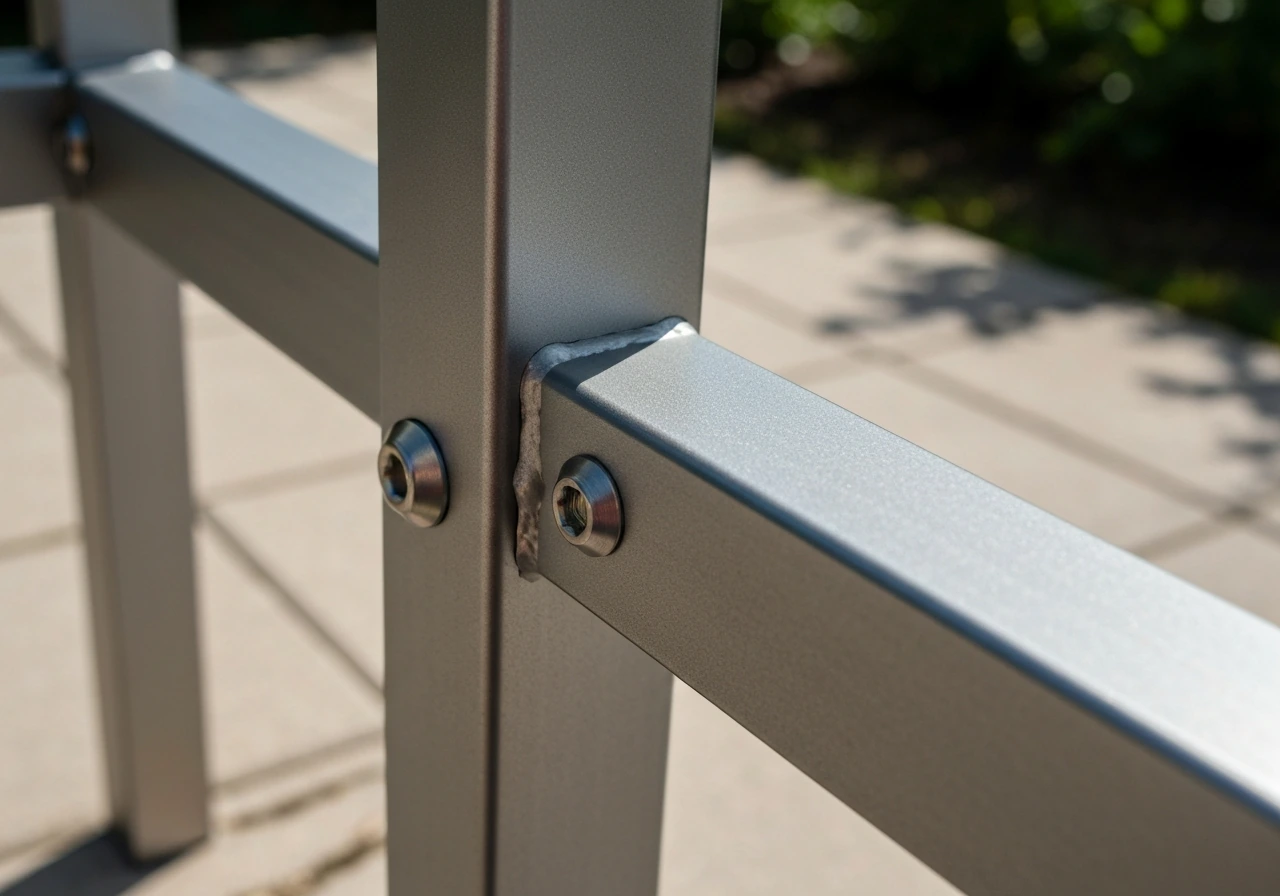 Close-up of powder-coated aluminum patio furniture frame with thick coating and stainless fasteners