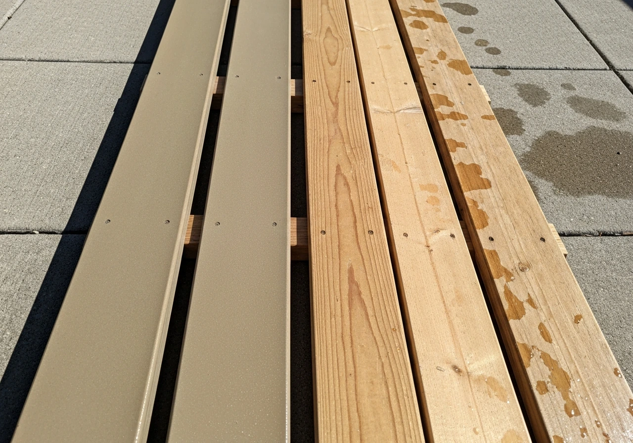 Side-by-side HDPE plastic lumber and untreated wood slats outdoors in bright sun after rain.