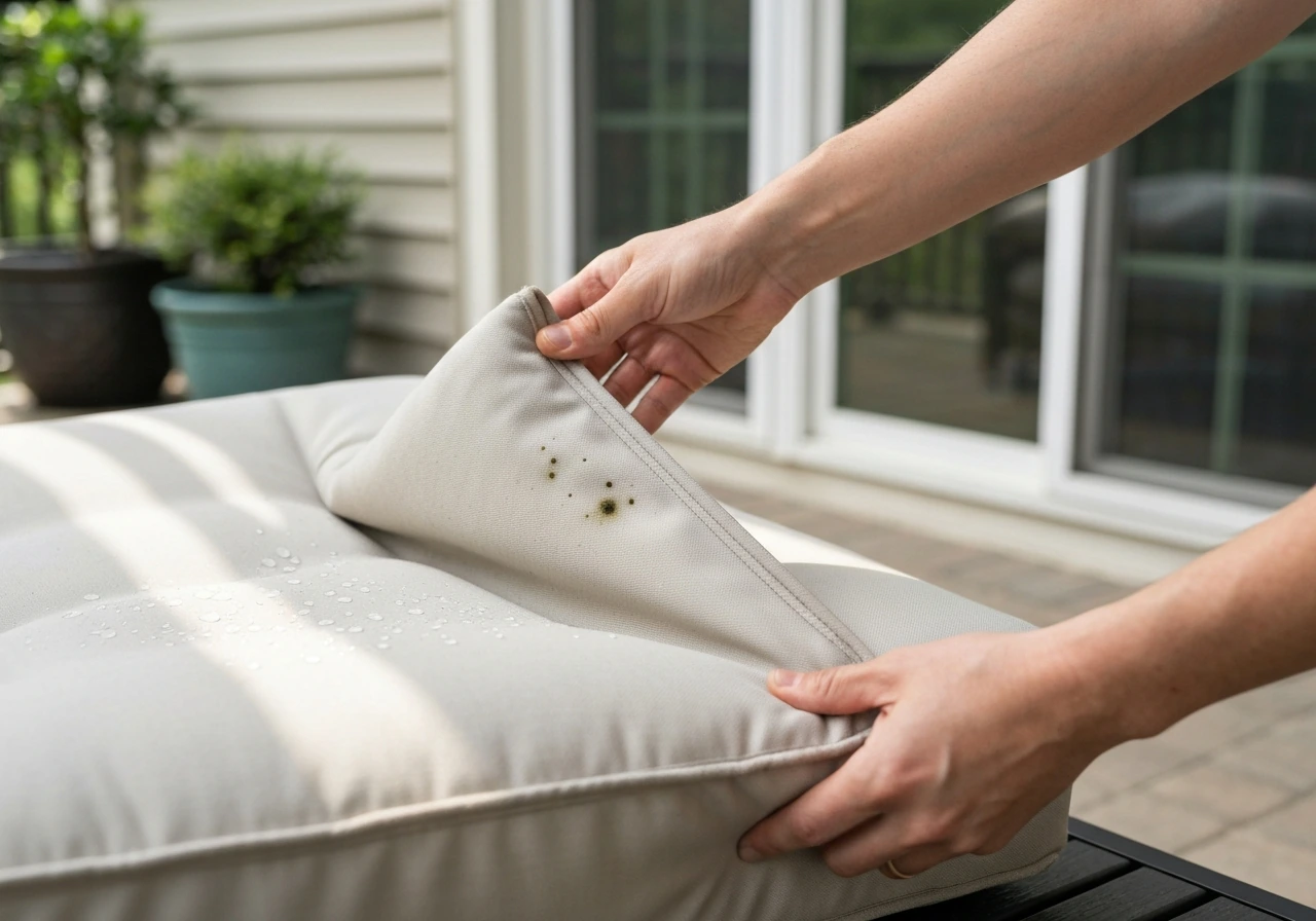 Hands inspect an outdoor foam cushion fabric for mildew spots after rainy weather.