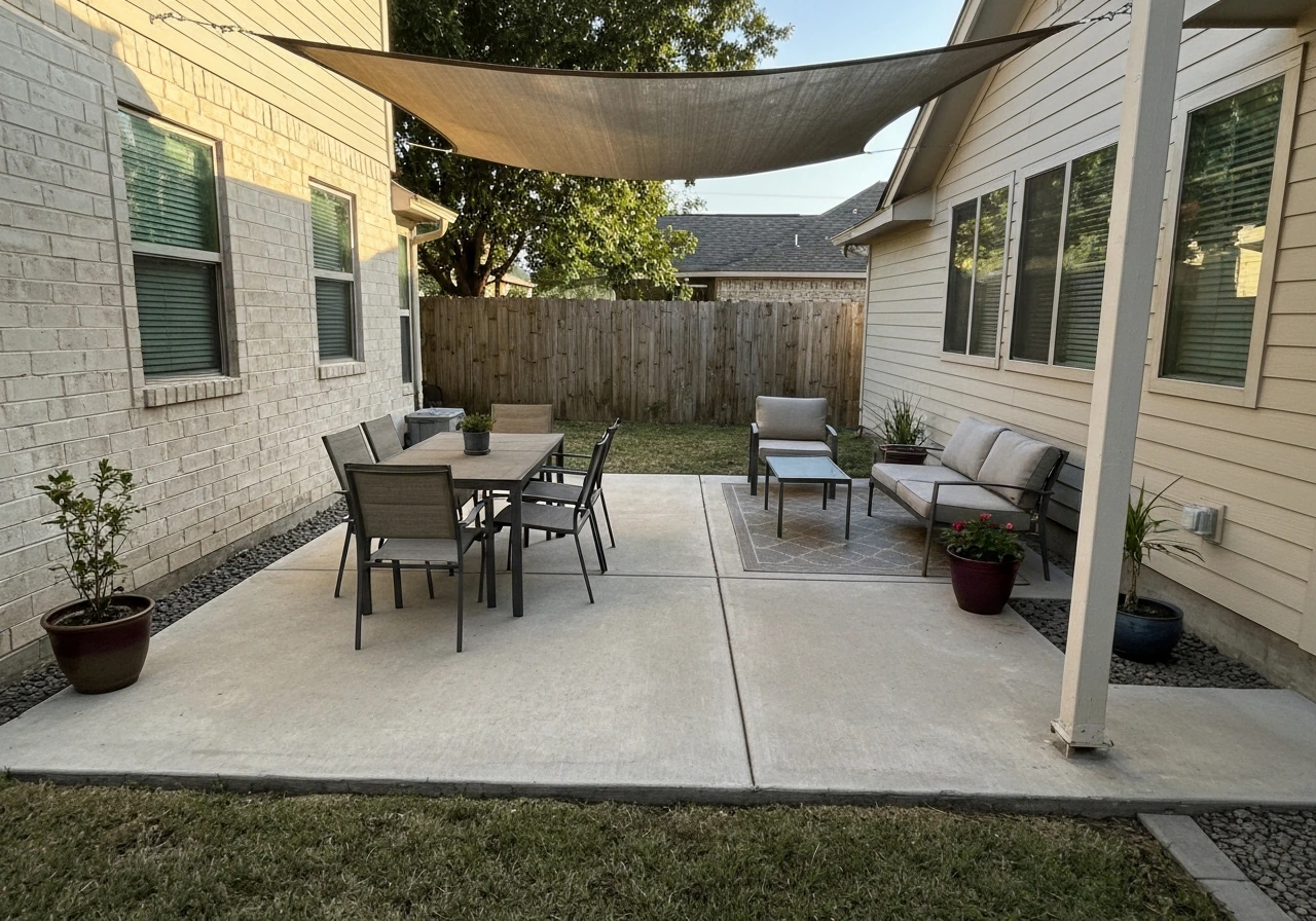 Practical 10x12 patio layout with four-person dining and shaded lounge seating for airflow and comfort.