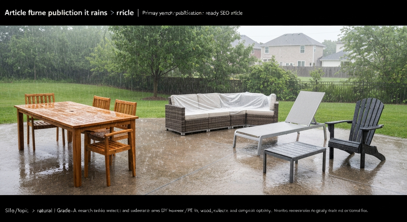Wide photorealistic view of a rainy patio showing teak, powder-coated aluminum, resin wicker on aluminum frame, and HDPE furniture with visible water interaction (beading, sheen, puddles). No people.
