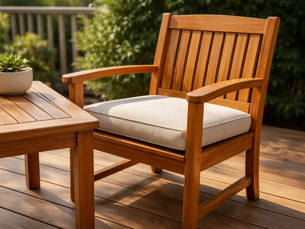 Warmly oiled teak patio furniture with an even finish on a sunny deck