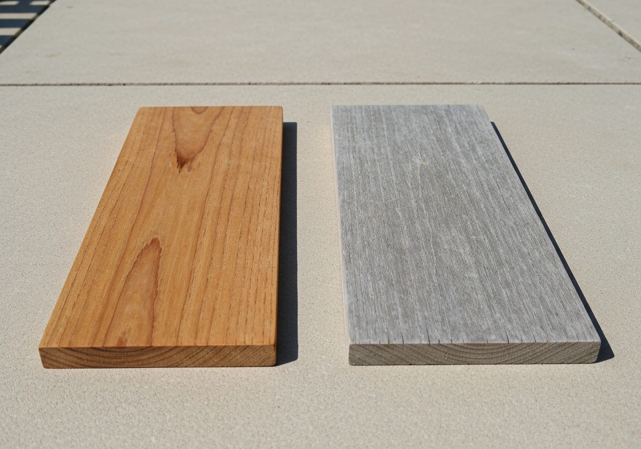 Two side-by-side teak wood samples: warm golden teak versus silver-gray weathered teak outdoors.