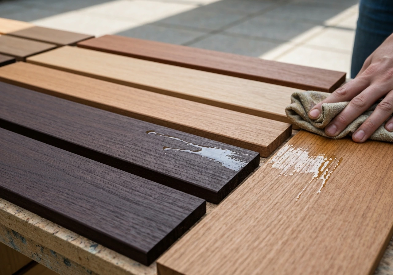 Rag applying penetrating oil to dark dense tropical wood samples outdoors.