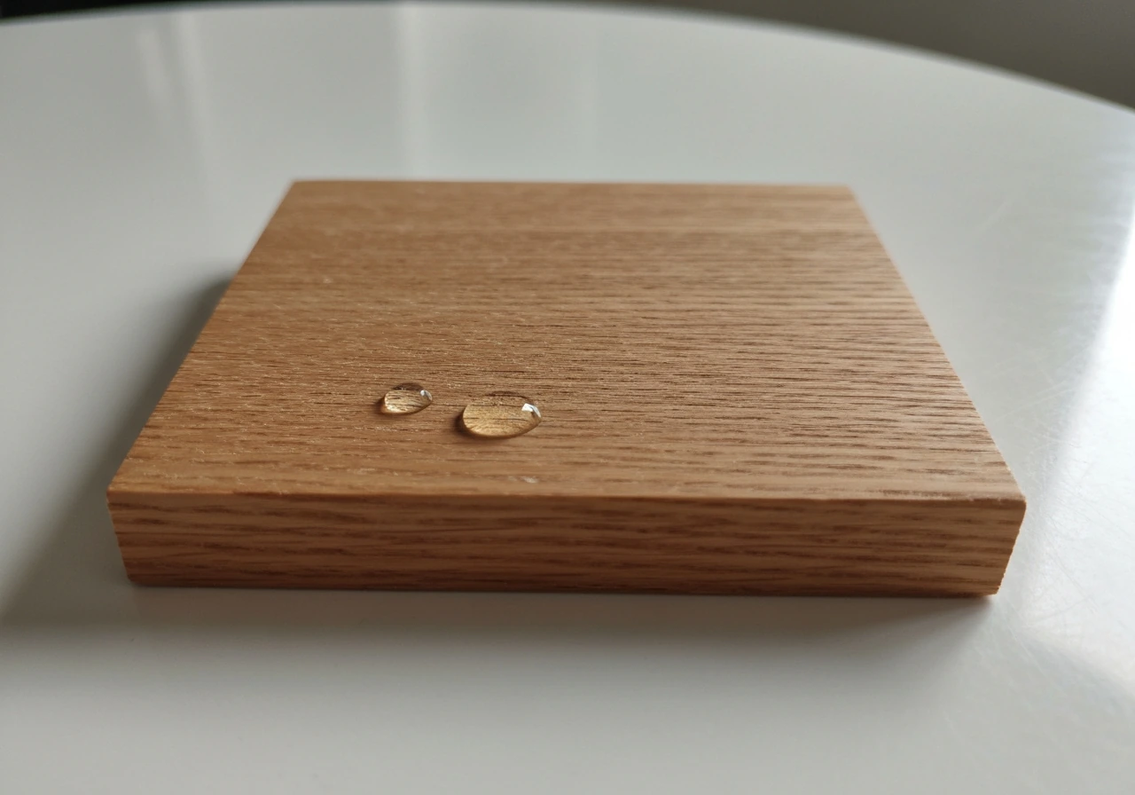 Close-up of water droplets on unfinished wood grain, showing readiness for oil penetration
