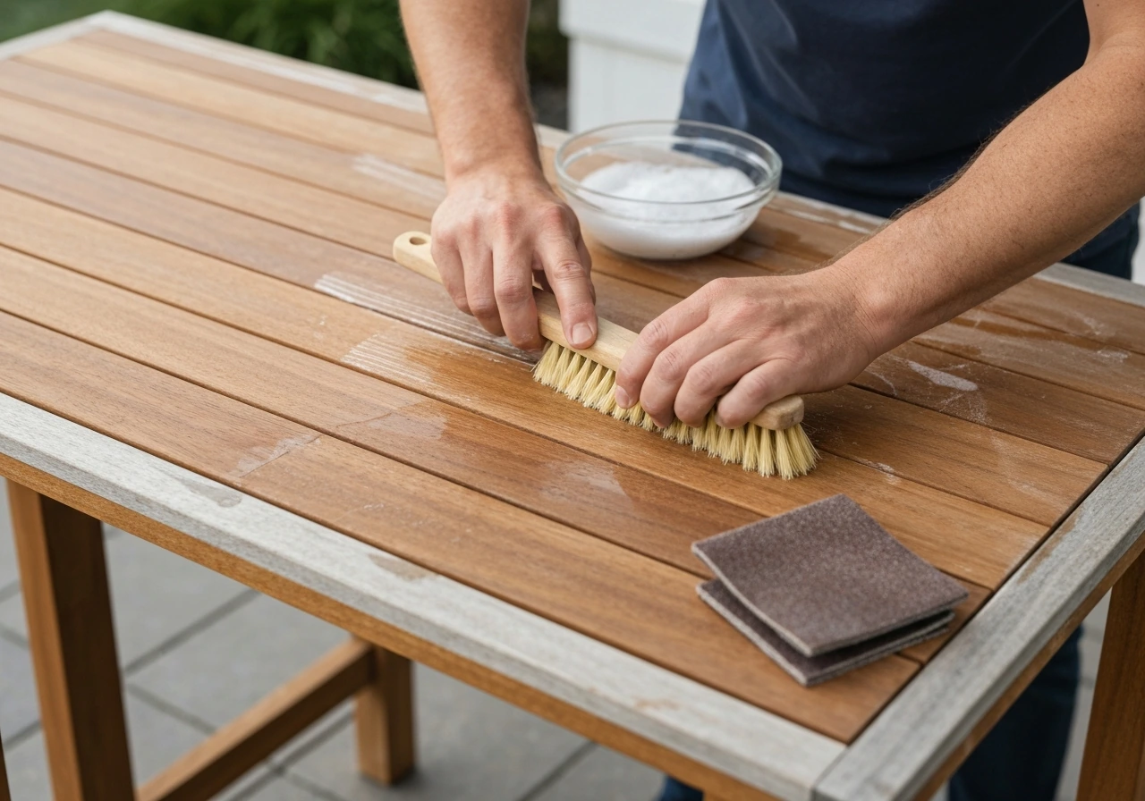 Hands scrub wooden patio furniture with a stiff brush, with sanding pad and soapy cleaner nearby.